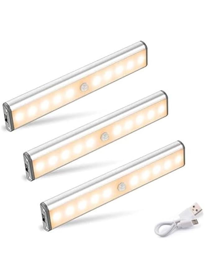 HOOKOR 3Pcs Closet Lights,10 LED Rechargeable Under Cabinet Lighting Wireless,Temps Under Cabinet Lights, Motion Sensor Light Indoor for Kitchen, Cabinet, Bedroom, Wardrobe - Image 1