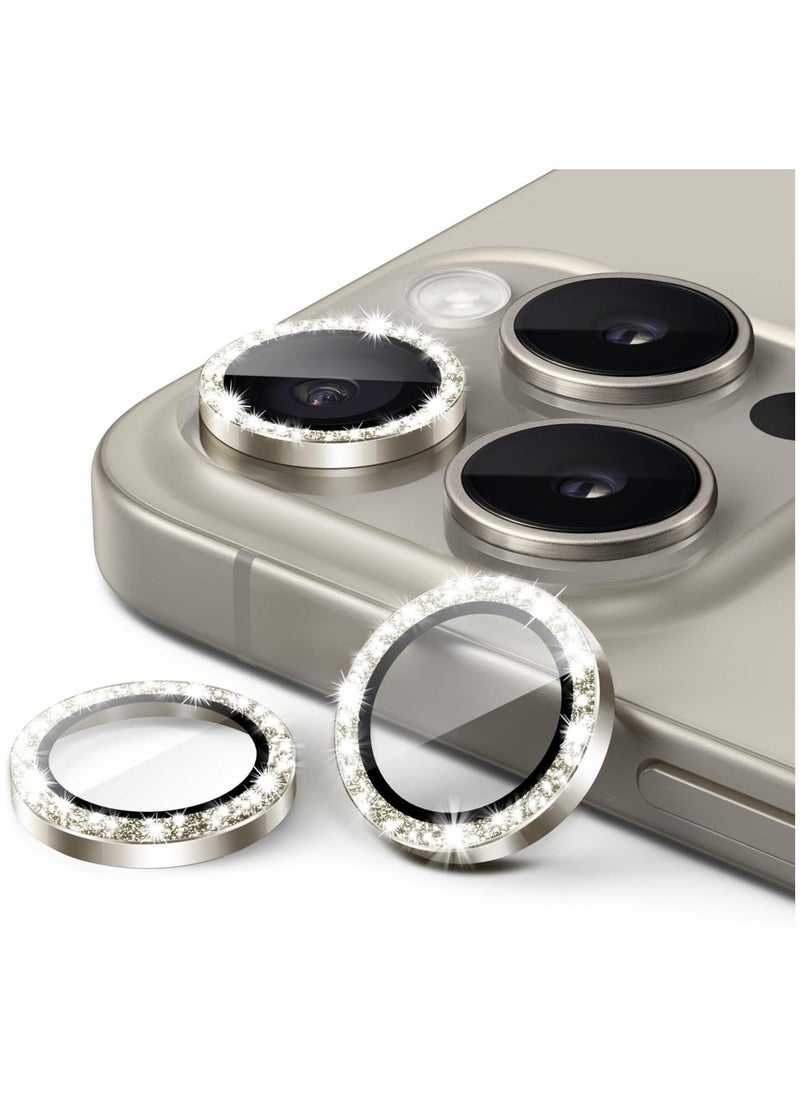 Raxoom Camera Lens Protector for iPhone 15 Pro 6.1-Inch and iPhone 15 Pro Max 6.7-Inch, Bling Glitter Individual 9H Tempered Glass Metal Ring Cover, HD Clear, 3-Pack (Natural Titanium) - Image 1