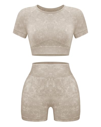 OLCHEE Womens Workout Sets 2 Piece - Seamless Acid Wash Yoga Outfits Leggings Shorts and Crop Top Matching Gym Activewear Athletic Clothing Set - Cream Medium - Image 1