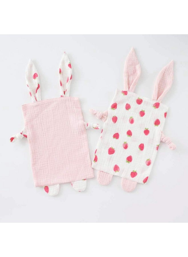 Emenpy Bunny Security Blanket for Boys and Girls,Cotton Soft Breathable Muslin Soothing Towel Appeasing Toy for Infant,Newborn Gift,2 Pcs Set (PurePink&Strawberry) - Image 1