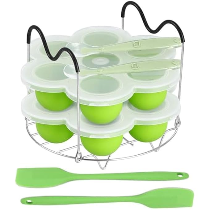 jaffiust The White Shop Silicone Egg Bites Molds And Steamer Rack Trivet With Heat Resistant Handles 7Pcs Set For 6Qt 8Qt Electric Pressure Cooker With 2 Spoons And Silicone Spatula Green - Image 2