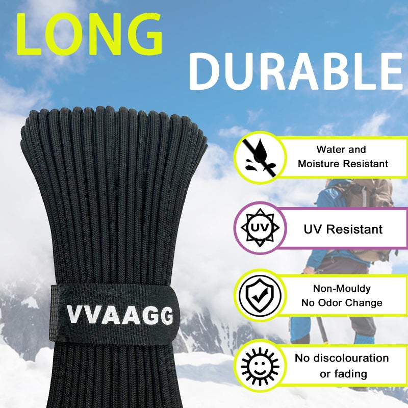 Vvaagg 1000 Black Paracord Rope 100Ft Utility Nylon Heavy Duty 12 Strand Parachute Cord For Camping  Tent  Clothsline  Outdoor Hiking  Fishing  Survival Braceletand  Marine Weatherproof Rope (100Ft) - Image 4