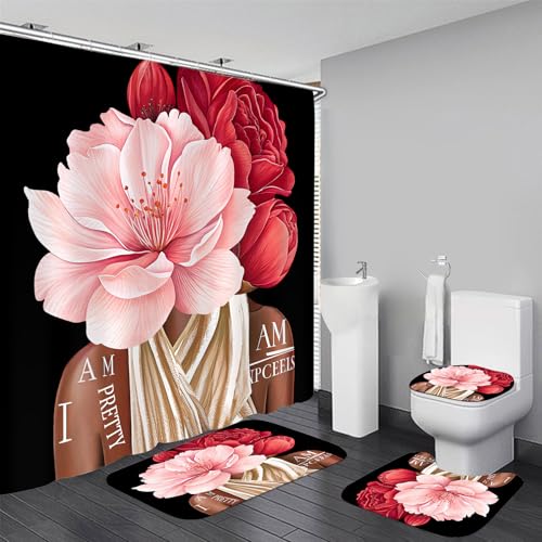Yddsky 4 Pcs Black Girl Shower Curtain Sets African American Woman Red Rose Floral Quotes Non-Slip Rugs Bath Mat Toilet Cover U Shaped Mat Shower Curtain with 12 Hooks Bathroom Set - Image 1