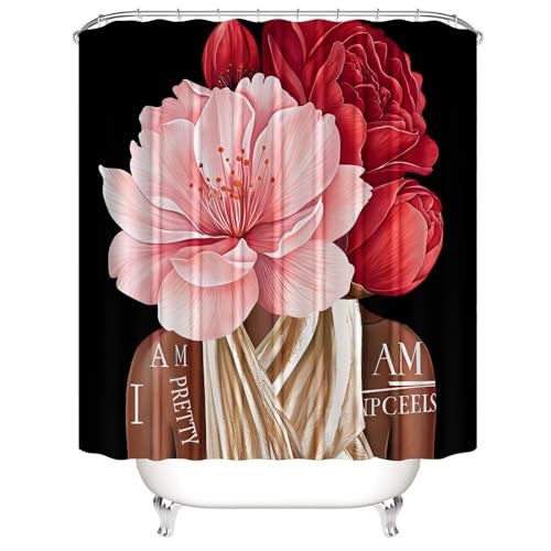 Yddsky 4 Pcs Black Girl Shower Curtain Sets African American Woman Red Rose Floral Quotes Non-Slip Rugs Bath Mat Toilet Cover U Shaped Mat Shower Curtain with 12 Hooks Bathroom Set - Image 4