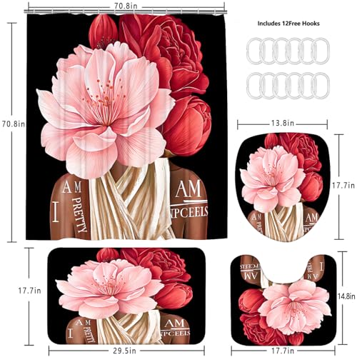 Yddsky 4 Pcs Black Girl Shower Curtain Sets African American Woman Red Rose Floral Quotes Non-Slip Rugs Bath Mat Toilet Cover U Shaped Mat Shower Curtain with 12 Hooks Bathroom Set - Image 3