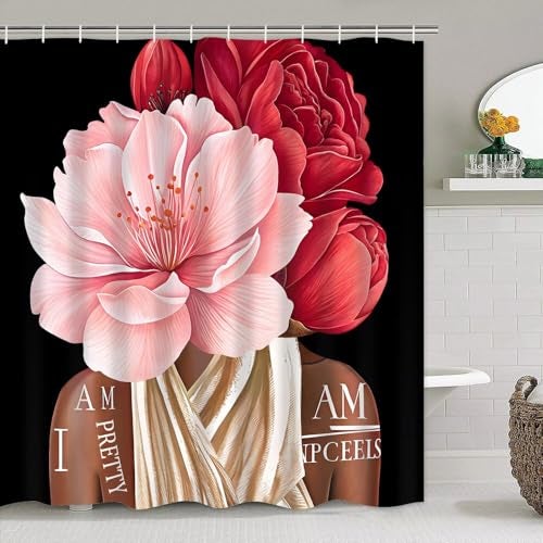 Yddsky 4 Pcs Black Girl Shower Curtain Sets African American Woman Red Rose Floral Quotes Non-Slip Rugs Bath Mat Toilet Cover U Shaped Mat Shower Curtain with 12 Hooks Bathroom Set - Image 2