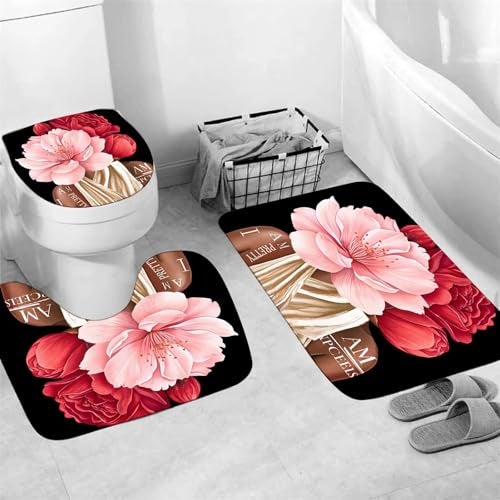 Yddsky 4 Pcs Black Girl Shower Curtain Sets African American Woman Red Rose Floral Quotes Non-Slip Rugs Bath Mat Toilet Cover U Shaped Mat Shower Curtain with 12 Hooks Bathroom Set - Image 5