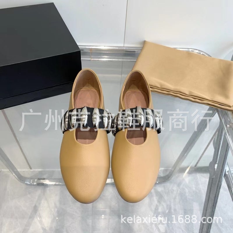 Niche Style Genuine Leather Round Toe Shallow Mouth Metal Belt Buckle Slip-On Flats Flats Loafers Ballet Shoes - Image 4