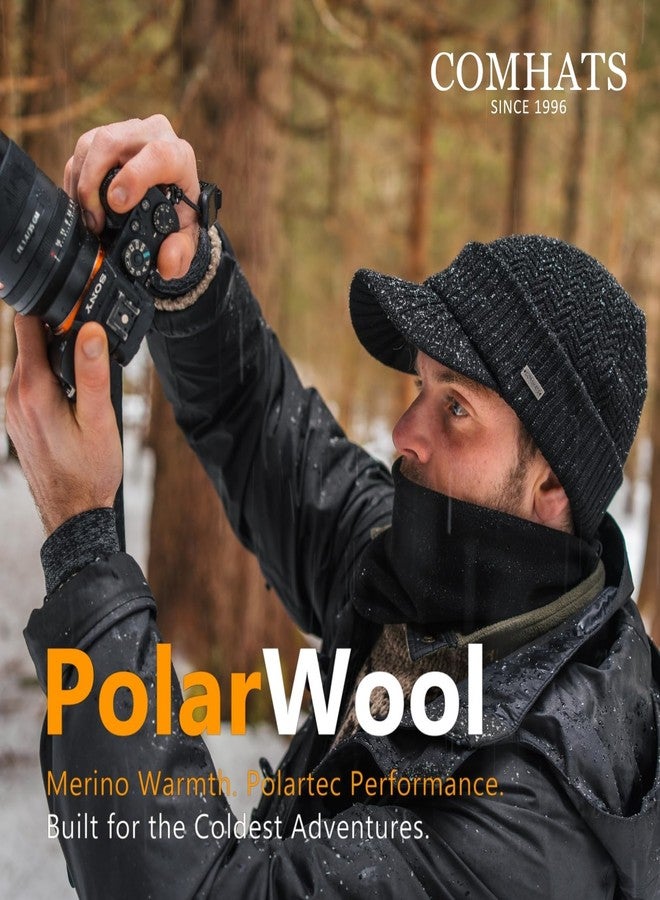 Comhats PolarWool™ Winter 2 Piece Wool Knit Hat & Scarf Set for Men Visor Beanie Ear Flap Fleece Lined Cold Weather Warm Black Large - Image 2