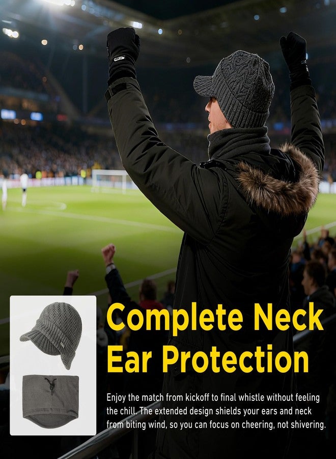 Comhats PolarWool™ Winter 2 Piece Wool Knit Hat & Scarf Set for Men Visor Beanie Ear Flap Fleece Lined Cold Weather Warm Black Large - Image 5