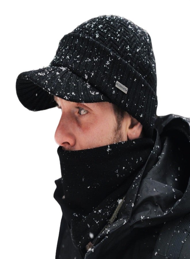 Comhats PolarWool™ Winter 2 Piece Wool Knit Hat & Scarf Set for Men Visor Beanie Ear Flap Fleece Lined Cold Weather Warm Black Large - Image 1