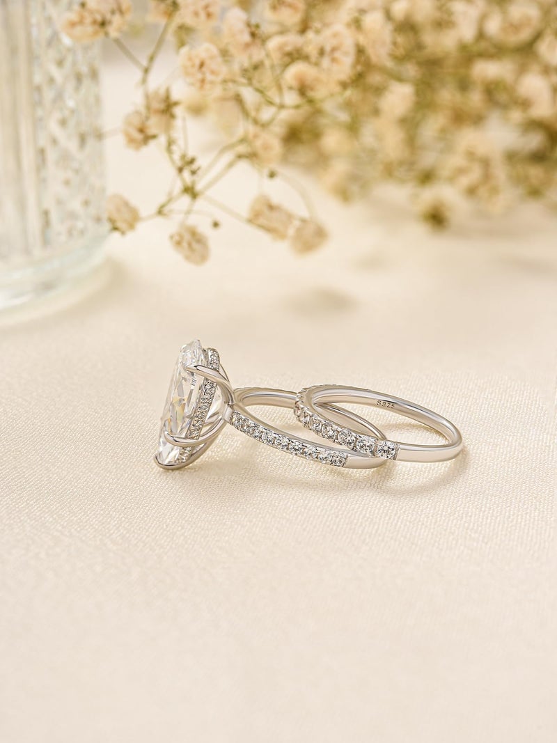 RODIFFY 5 Carat Pear Cut Engagement Wedding Ring Set for Women, 18K White Gold Plated S925 Silver 5A Cubic Zirconia Bridal Jewelry, Elegant Teardrop Promise Ring (18K White Gold Plated, 7) - Image 3