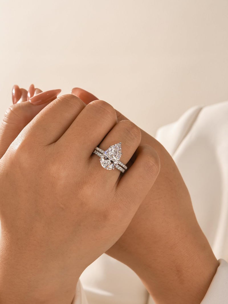 RODIFFY 5 Carat Pear Cut Engagement Wedding Ring Set for Women, 18K White Gold Plated S925 Silver 5A Cubic Zirconia Bridal Jewelry, Elegant Teardrop Promise Ring (18K White Gold Plated, 7) - Image 4