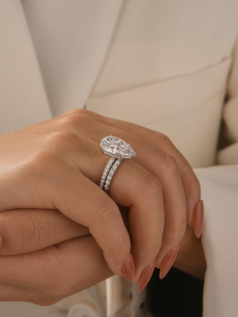 RODIFFY 5 Carat Pear Cut Engagement Wedding Ring Set for Women, 18K White Gold Plated S925 Silver 5A Cubic Zirconia Bridal Jewelry, Elegant Teardrop Promise Ring (18K White Gold Plated, 7) - Image 5