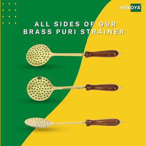 HOKOYA Premium Brass Spatula for Cooking | Brass Jhaara, Golchi, Chammach, Skimmer, Spatula | with Wooden Handle, Heat Resistant | Cooking & Serving Tools | Non-Stick & Lead-Free (Puri Strainer) - Image 4