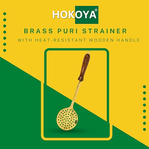 HOKOYA Premium Brass Spatula for Cooking | Brass Jhaara, Golchi, Chammach, Skimmer, Spatula | with Wooden Handle, Heat Resistant | Cooking & Serving Tools | Non-Stick & Lead-Free (Puri Strainer) - Image 2