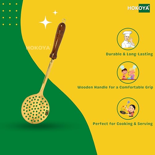 HOKOYA Premium Brass Spatula for Cooking | Brass Jhaara, Golchi, Chammach, Skimmer, Spatula | with Wooden Handle, Heat Resistant | Cooking & Serving Tools | Non-Stick & Lead-Free (Puri Strainer) - Image 5