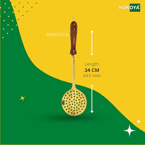 HOKOYA Premium Brass Spatula for Cooking | Brass Jhaara, Golchi, Chammach, Skimmer, Spatula | with Wooden Handle, Heat Resistant | Cooking & Serving Tools | Non-Stick & Lead-Free (Puri Strainer) - Image 3