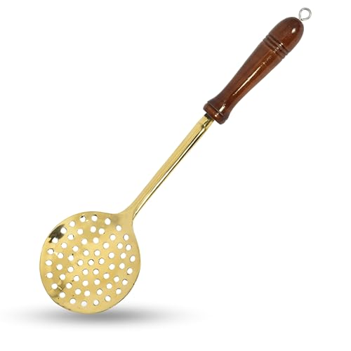 HOKOYA Premium Brass Spatula for Cooking | Brass Jhaara, Golchi, Chammach, Skimmer, Spatula | with Wooden Handle, Heat Resistant | Cooking & Serving Tools | Non-Stick & Lead-Free (Puri Strainer) - Image 1