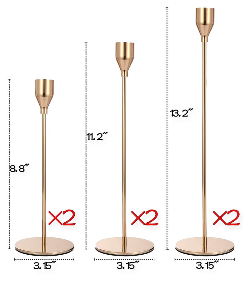 Ahpuhtan Gold Taper Candle Holder Set of 6, Brass Gold Tall Candlestick Holders, Metal Vintage Candle Stickers Long Holder Set, Pillar Decorative Candle Holder Fits 3/4 Inch Candle - Image 2