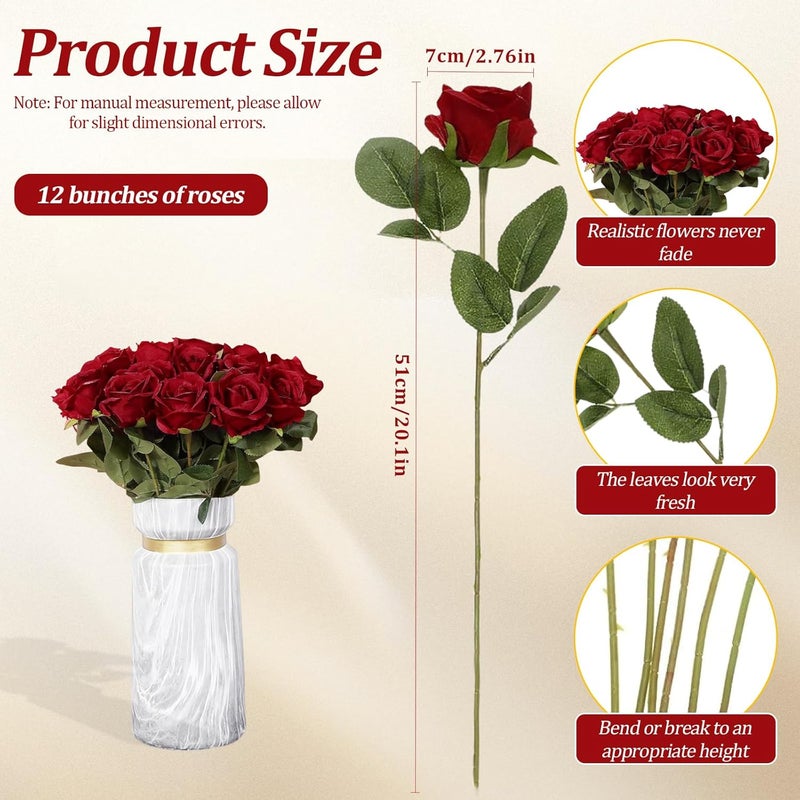 PacuM Artificial Roses, Pack of 12, Artificial Flowers, Silk Flowers, Roses 51 x 7 cm, Artificial Flowers, Realistic Single Stem Flowers for Wedding Party, Valentine's Day, Home Decoration (Red) - Image 2