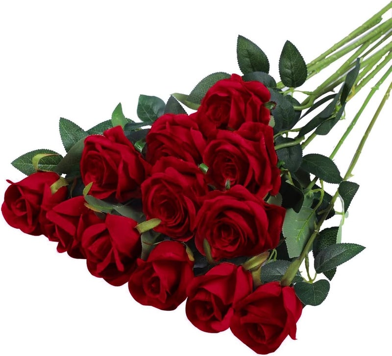 PacuM Artificial Roses, Pack of 12, Artificial Flowers, Silk Flowers, Roses 51 x 7 cm, Artificial Flowers, Realistic Single Stem Flowers for Wedding Party, Valentine's Day, Home Decoration (Red) - Image 1