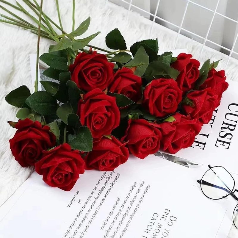 PacuM Artificial Roses, Pack of 12, Artificial Flowers, Silk Flowers, Roses 51 x 7 cm, Artificial Flowers, Realistic Single Stem Flowers for Wedding Party, Valentine's Day, Home Decoration (Red) - Image 4