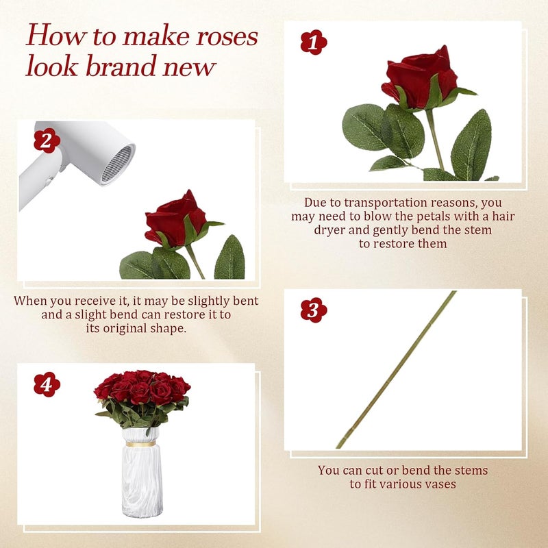 PacuM Artificial Roses, Pack of 12, Artificial Flowers, Silk Flowers, Roses 51 x 7 cm, Artificial Flowers, Realistic Single Stem Flowers for Wedding Party, Valentine's Day, Home Decoration (Red) - Image 3