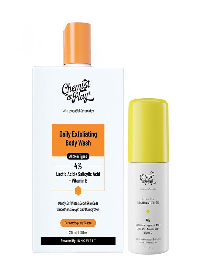 Chemist at Play Exfoliating Body Wash (236ml) + Neck, Knee & Elbow Brightening Roll-On (40ml) | With Lactic Acid, Salicylic Acid, Vitamin C, Niacinamide & Ceramides | Exfoliates & Brightens Skin - Image 1