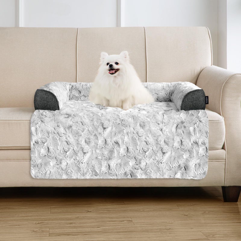 blunique Calming Small Dog Bed for Couch, 35 x 31 inch Removable Couch Cover for Dogs Washable, Non-Slip Fluffy Plush Dog Sofa Mat for Furniture Protector - Grey - Image 1