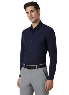 Peter England Peter England Men's Premium Solid Herringbone Regular Fit Full Sleeve Formal Shirt | Wonder Fabric | Cotton Rich Navy  - Image 2