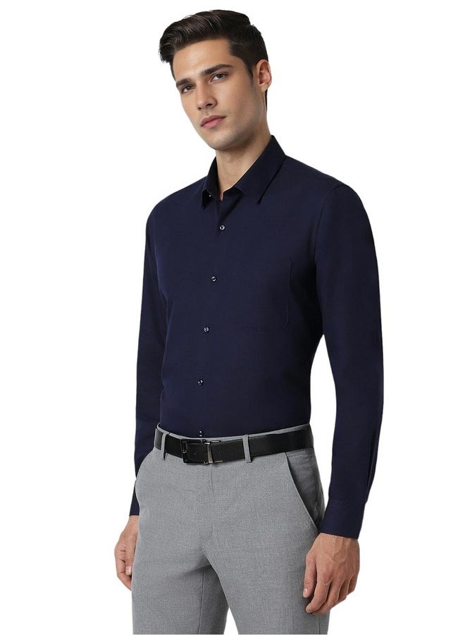 Peter England Peter England Men's Premium Solid Herringbone Regular Fit Full Sleeve Formal Shirt | Wonder Fabric | Cotton Rich Navy  - Image 2