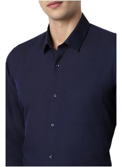 Peter England Peter England Men's Premium Solid Herringbone Regular Fit Full Sleeve Formal Shirt | Wonder Fabric | Cotton Rich Navy  - Image 4