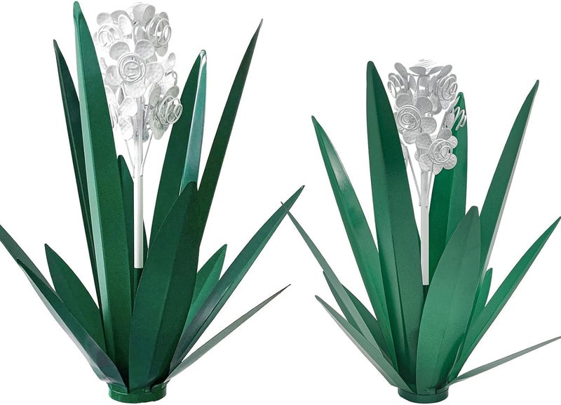 LCJECV Metal Agave Plant Garden Art, 2 Pack Tequila Rustic Sculpture, Rustic Metal Agave Plants for Yard Stakes, Garden Figurines, Outdoor Patio (2 PCS White Flowers) - Image 1