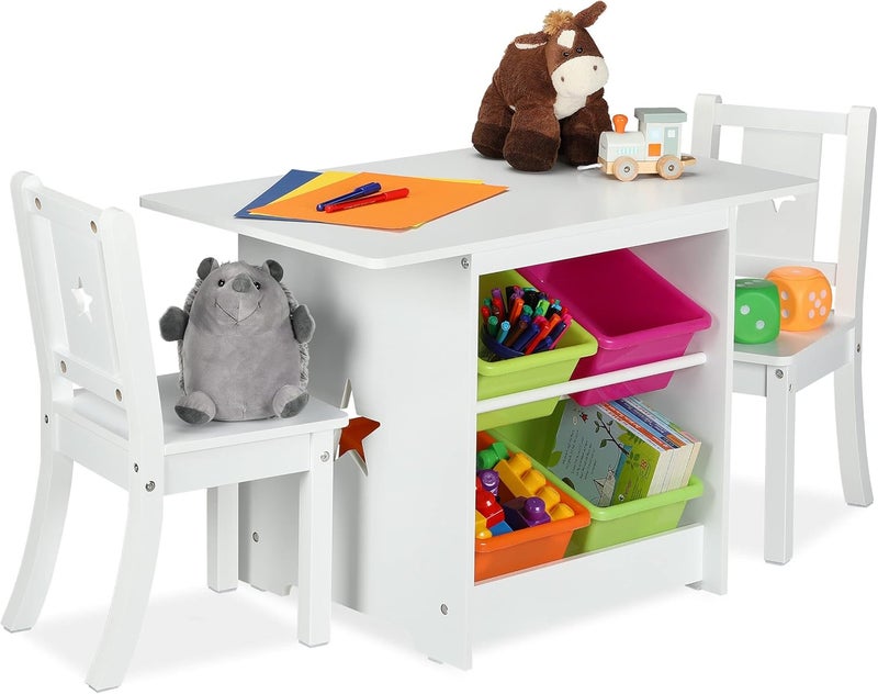 Relaxdays Children's Furniture Set, Kids' Table with 2 Chairs, with Colourful Storage Boxes, HxWxD: 52x75x46 cm, White, Fibreboard - Image 1