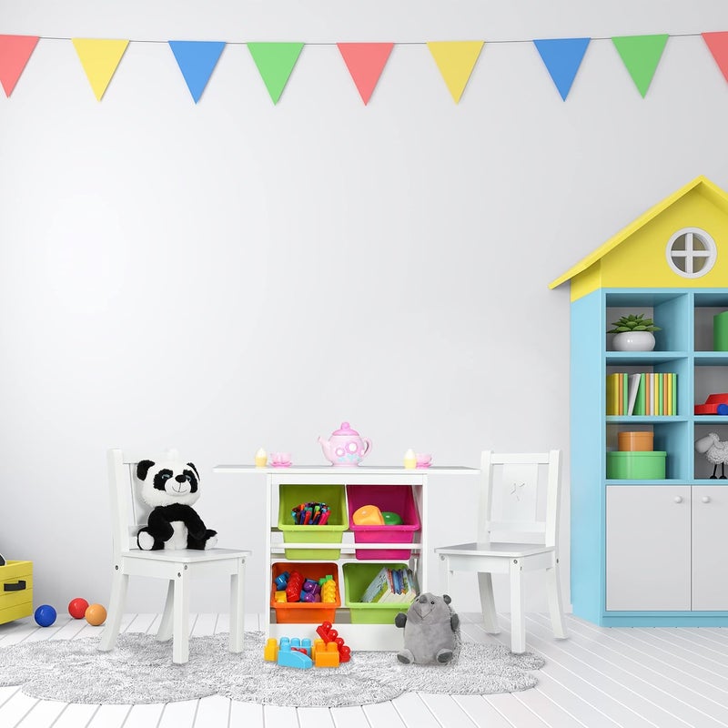 Relaxdays Children's Furniture Set, Kids' Table with 2 Chairs, with Colourful Storage Boxes, HxWxD: 52x75x46 cm, White, Fibreboard - Image 3