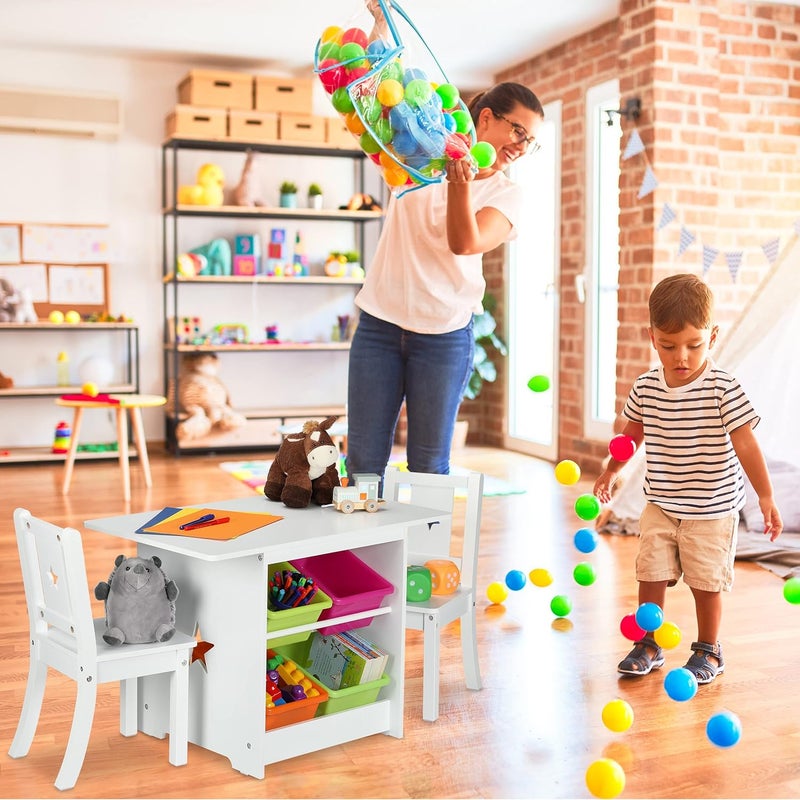 Relaxdays Children's Furniture Set, Kids' Table with 2 Chairs, with Colourful Storage Boxes, HxWxD: 52x75x46 cm, White, Fibreboard - Image 2
