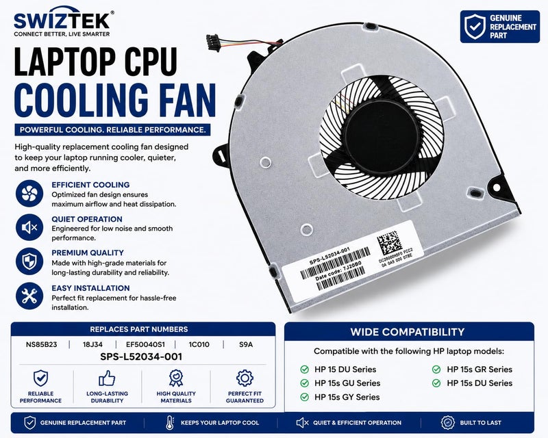 Swiztek Laptop CPU Cooling Fan for HP 15s-du/dr/dw/dy, 15-DW0043DX, 15-GW/GU/GY/GR, 15s-du0096tu/du0002TX, 250/255 G8 G9, TPN-C151 Series, L52034-001 - Image 4