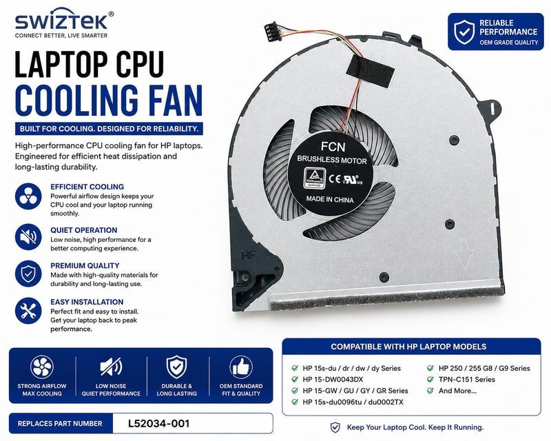 Swiztek Laptop CPU Cooling Fan for HP 15s-du/dr/dw/dy, 15-DW0043DX, 15-GW/GU/GY/GR, 15s-du0096tu/du0002TX, 250/255 G8 G9, TPN-C151 Series, L52034-001 - Image 3