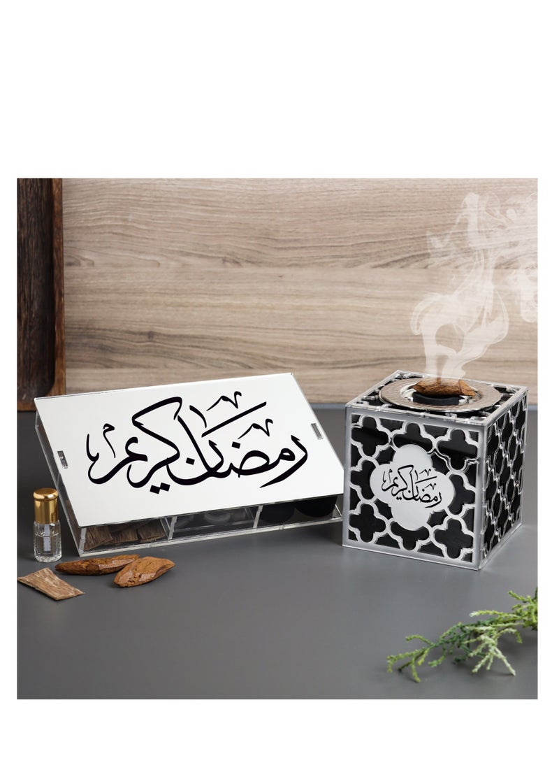 حكاية شمعة مبخرة بخور مع صندوق يحتوي على لوازم التبخير والمسك الفاخر، طقم بعبارة "رمضان كريم" مع نوعين عود بخور و 3 امساك فاخرة و فحم سريع الاشتعال - Image 2