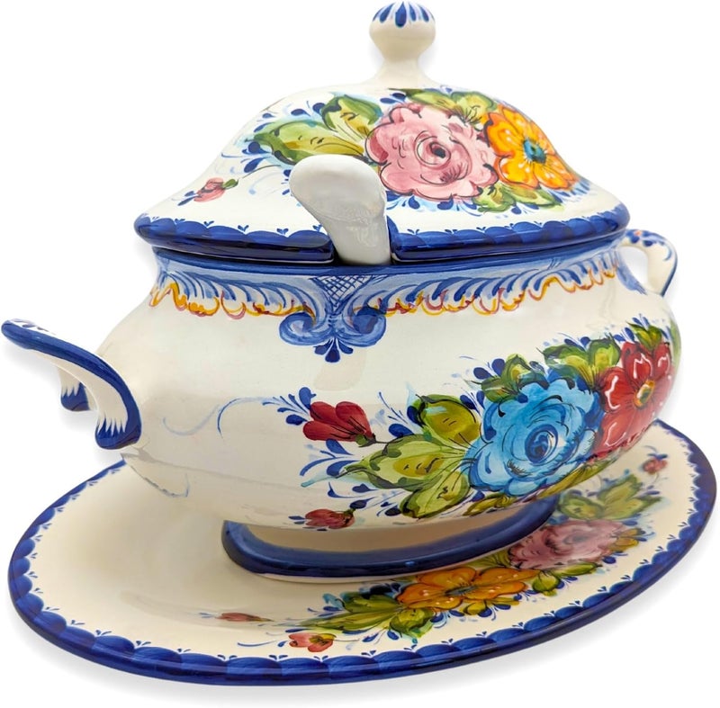 Portuguese Hand Painted Alcobaa Ceramic Tureen with Ladle  3 Quart Floral Design Oval Shape Serving Dish for Soup Stew and Dinner Ceramic White Blue Red Green Yellow  - Image 5
