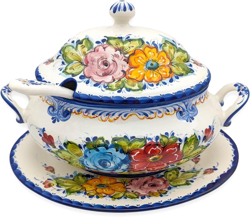 Portuguese Hand Painted Alcobaa Ceramic Tureen with Ladle  3 Quart Floral Design Oval Shape Serving Dish for Soup Stew and Dinner Ceramic White Blue Red Green Yellow  - Image 3