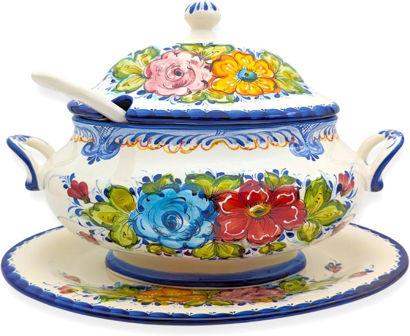 Portuguese Hand Painted Alcobaa Ceramic Tureen with Ladle  3 Quart Floral Design Oval Shape Serving Dish for Soup Stew and Dinner Ceramic White Blue Red Green Yellow  - Image 1