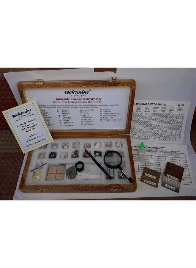 روكسمينز مجموعة أنشطة علوم المعادن من Rocksmins في صندوق خشبي MI20ACWB مع 10 أدوات اختبار، ورقة عمل أحجية الجيولوجيا، 7 أوراق، مجموعة من 20 عينة معادن طبيعية مختارة بعناية في صينية تخزين للتعليم - Image 3