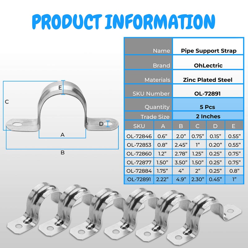 Ohlectric Pipe Support Strap - Steel Pipe Strap With 2 Holes - Heavy-Duty 2 Inch U Bracket - Zinc Coated Tension Tube Clip - Pipe Clamp For Emt Conduits - Ol-72891 - 5 Pcs - Image 2
