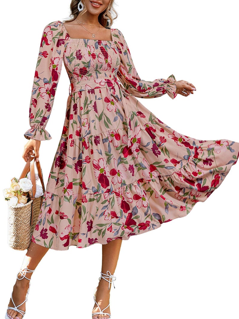 Amegoya Women's Floral Long Sleeve Midi Dress Boho Wedding Guest Dress Square Neck Smocked Tiered Flowy Dress (Floral Pink XL) - Image 1