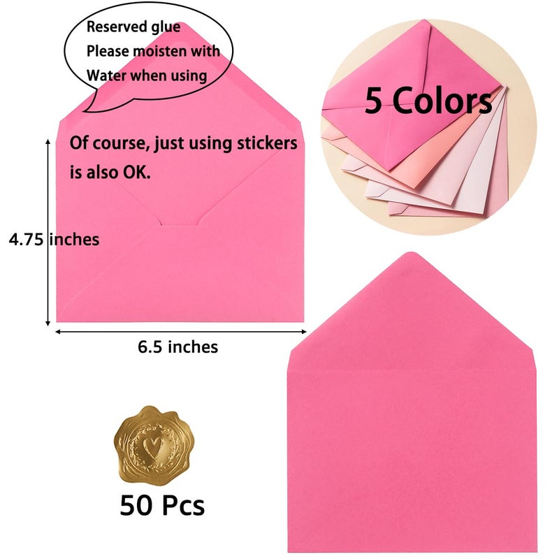 Toperd 50 Pack Colored A6 Invitation Envelopes 4x6 with Gold Stickers for Cards and Invitations, 5 Colors (Pink, 6 1/2 x 4 3/4 inches) - Image 2