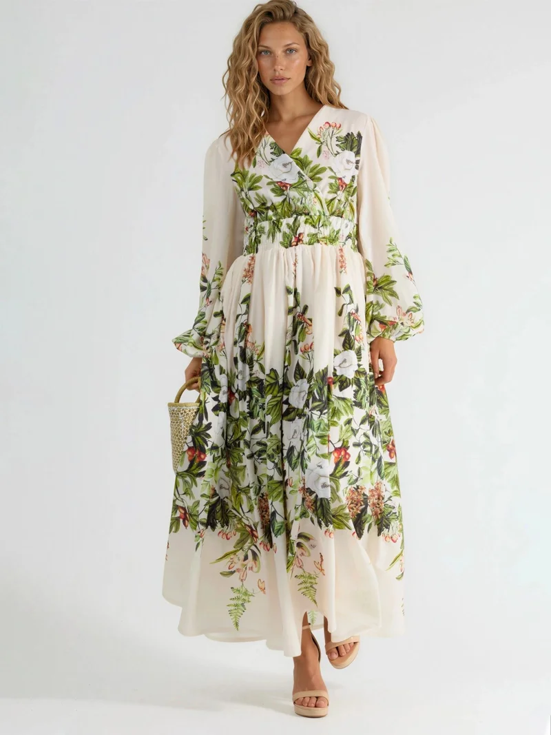 جينيفر Floral V-Neck Long Sleeve Maxi Dress