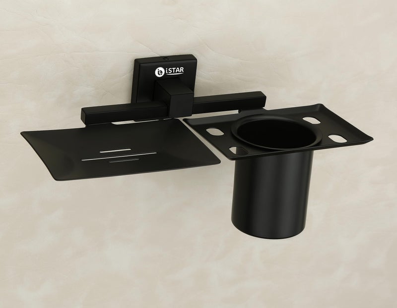 iStar Stainless Steel 2-in-1 Soap Dish with Tumbler & Toothbrush Holder - Wall Mounted Bathroom Accessories Set Modern Design for Bathroom and Wash Basin (Pack of 1) - Image 1