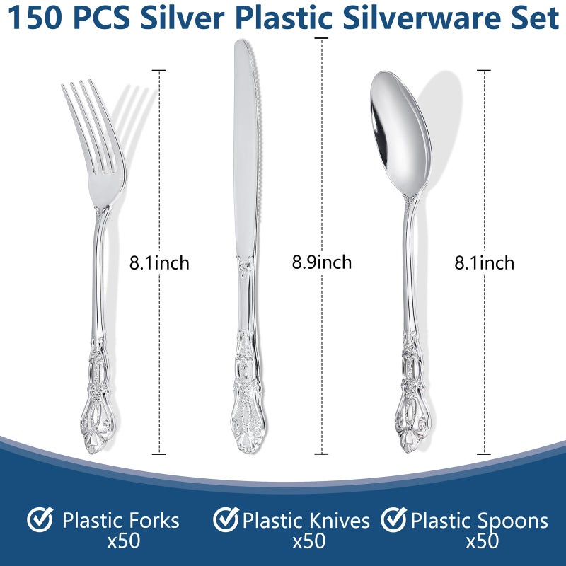 Joyido 150PCS Silver Plastic Silverware - Heavy Duty Silver Disposable Cutlery - Fancy Plastic Utensils Flatware Include 50 Forks  50 Spoons  50 Knives for Catering  Parties  Dinners  Weddings - Image 1